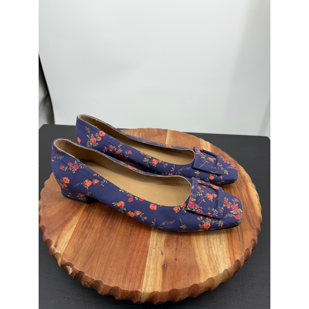 Ann Mashburn Buckle shoe Pump Women 41 11 Navy red Floral Square Toe Block Heel